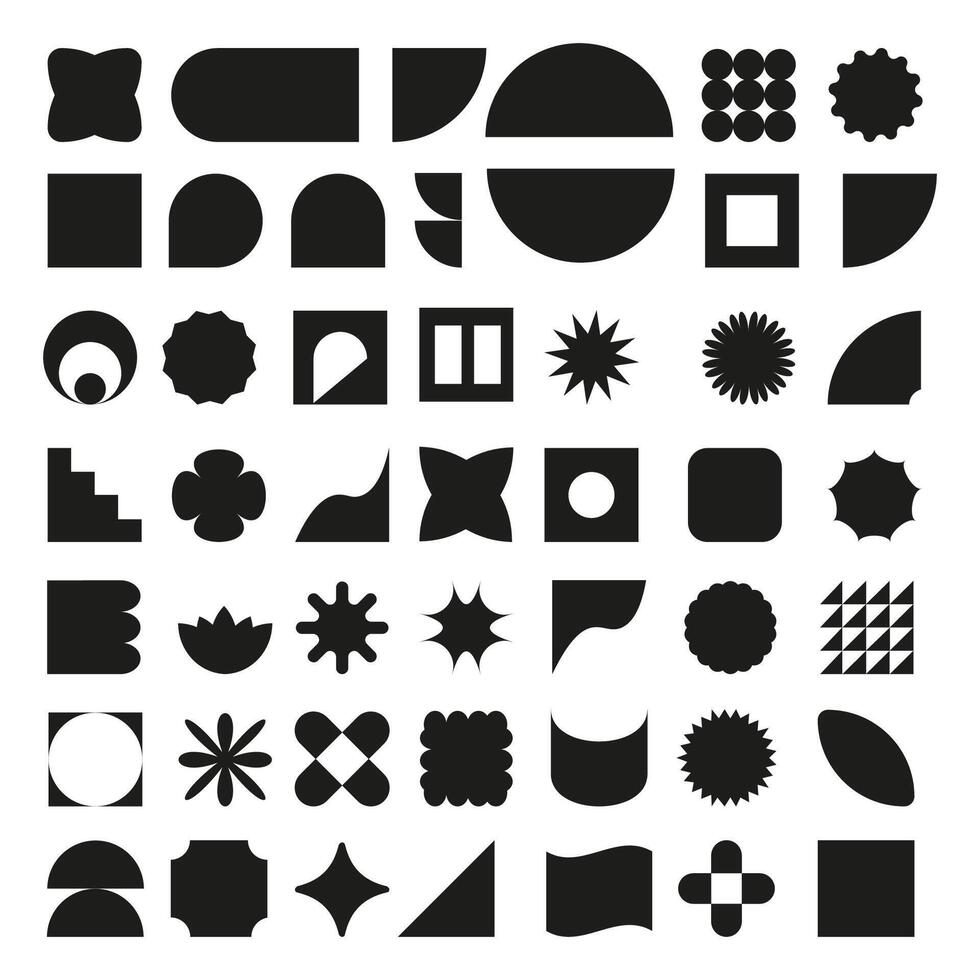 Abstract silhouettes of geometric shapes and icons. Brutal modern design in black. Swiss design aesthetics.Set of primitive elements. vector