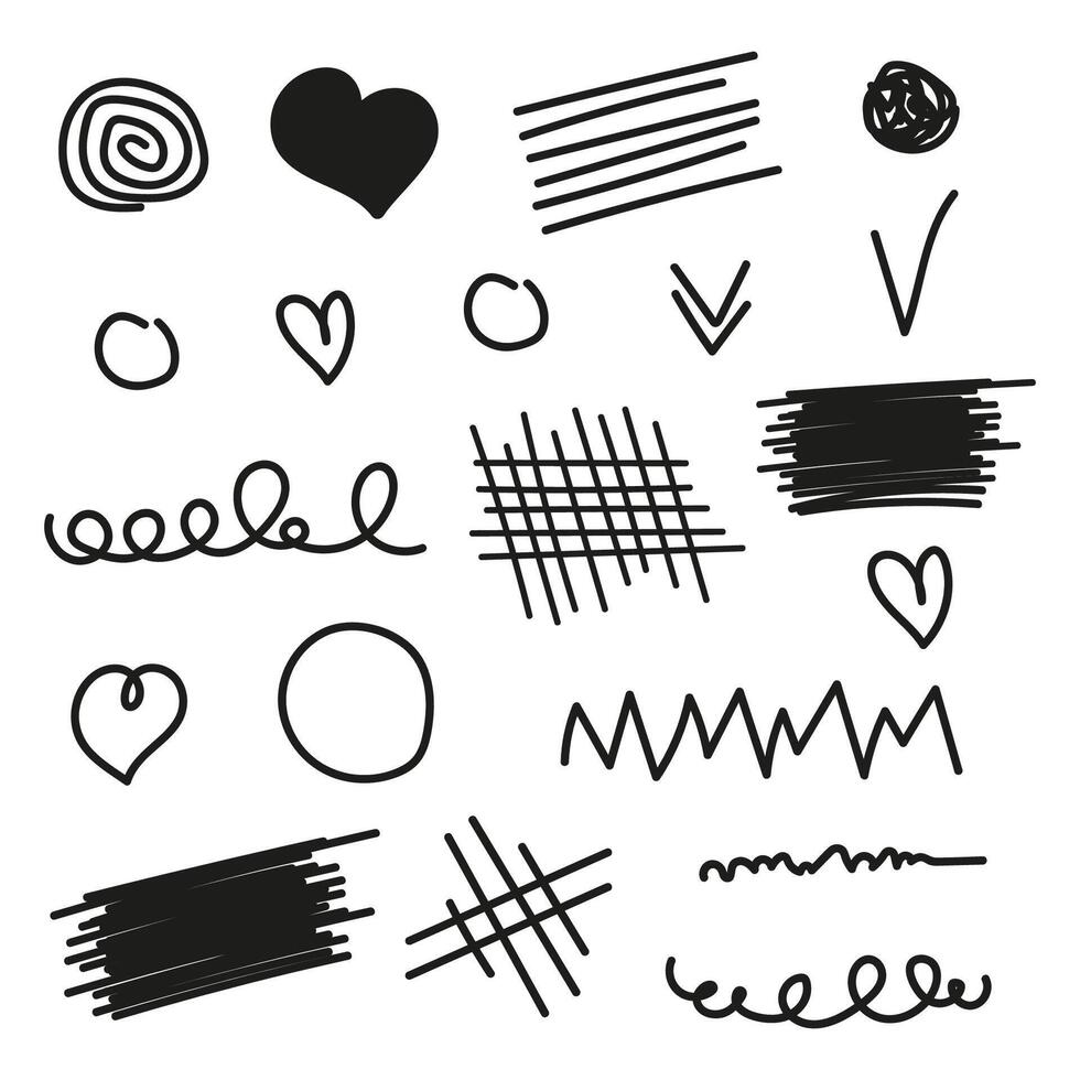 Collection of abstract hand doodles on isolated background. Hearts, checks, circles and swirls. Set of hand drawn geometric shapes. vector