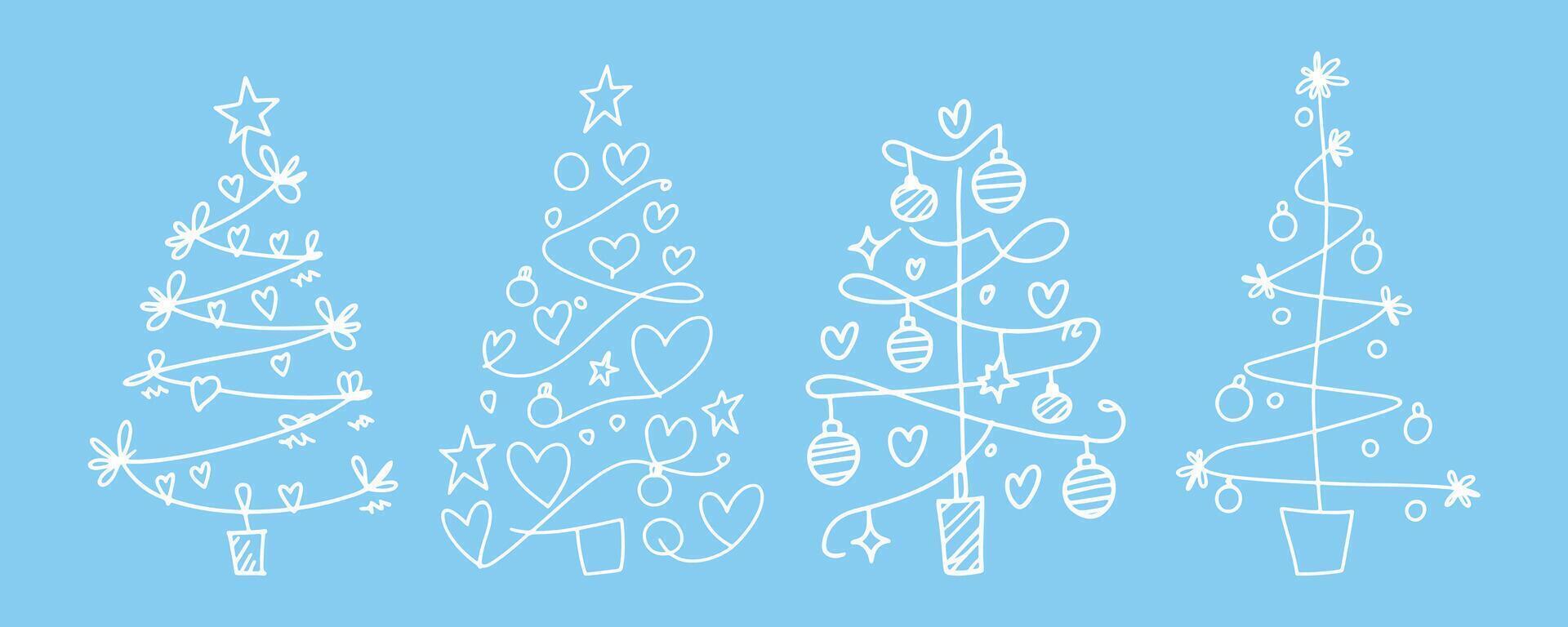 his high-resolution image showcases a set of four hand-drawn Christmas trees, each with its unique style and decorations. The trees feature simple line art and are decorated vector