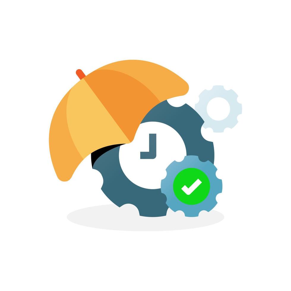 illustration of gear, green check mark, and umbrella symbolizing control, reliability, and protection. concepts related to process management, security in business, technology, or general services vector