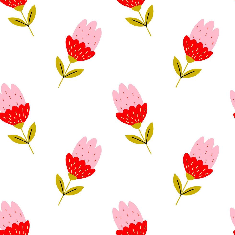 Floral pattern featuring red and pink flowers with green leaves on a white background vector
