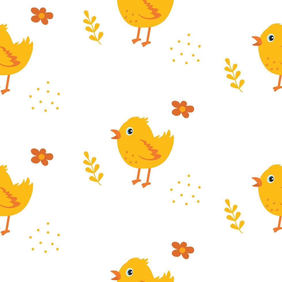 Colorful illustrations of cheerful yellow chicks and flowers create a playful pattern design vector