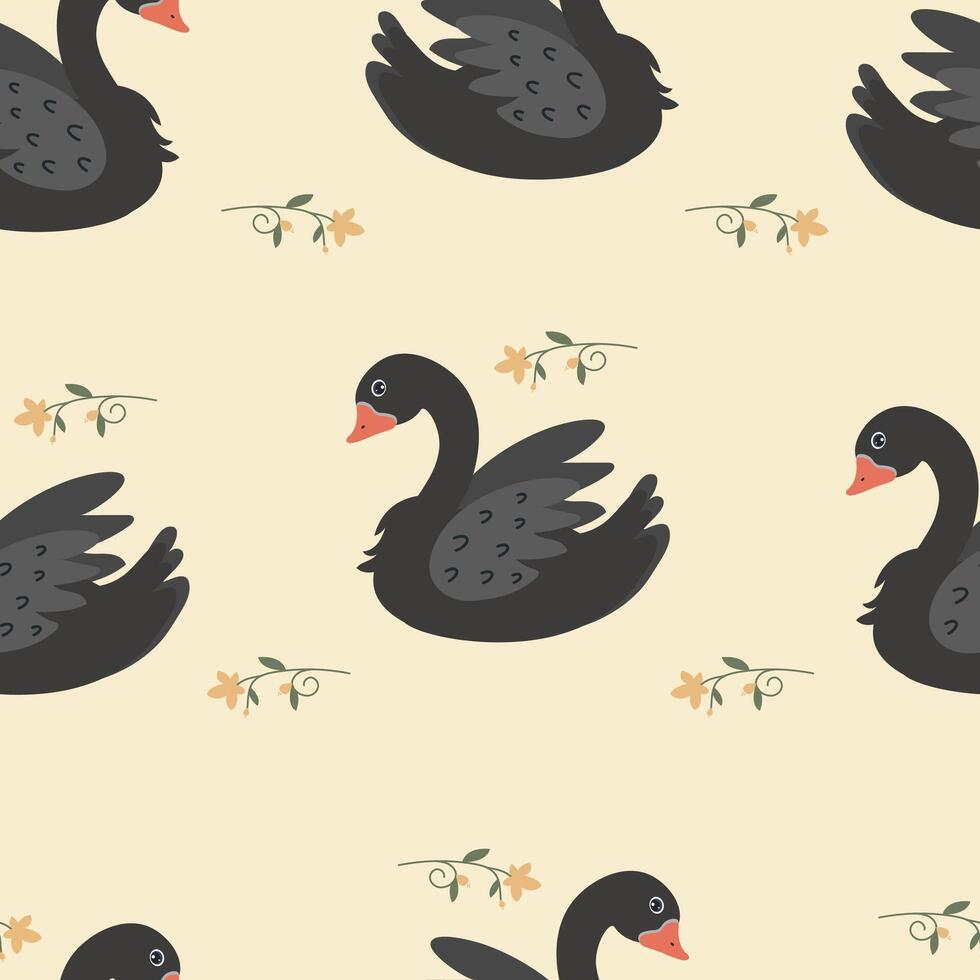 Black swans swimming amongst floral patterns on a soft beige background vector