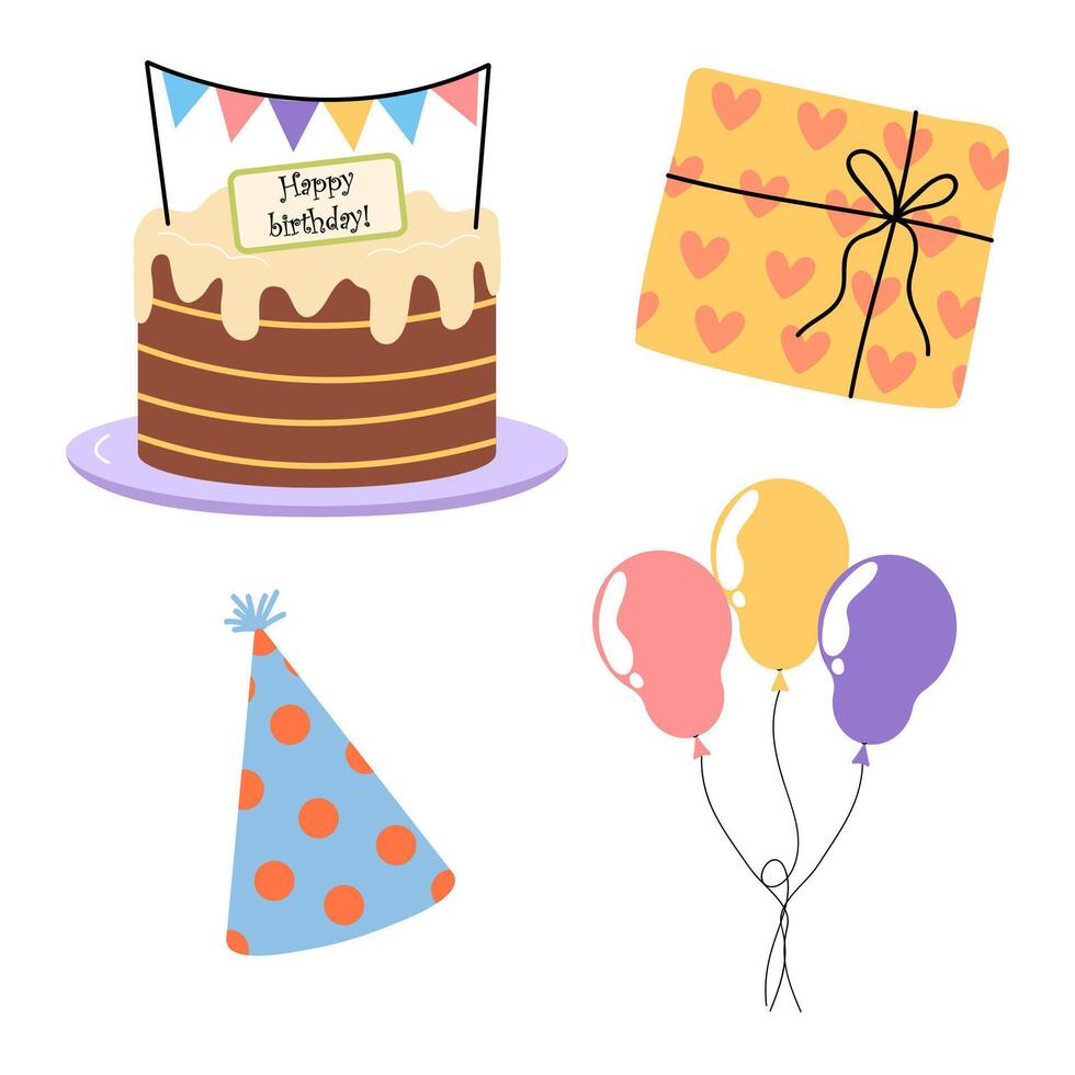 Celebrate with a delightful birthday cake, balloons, and colorful gift decorations vector