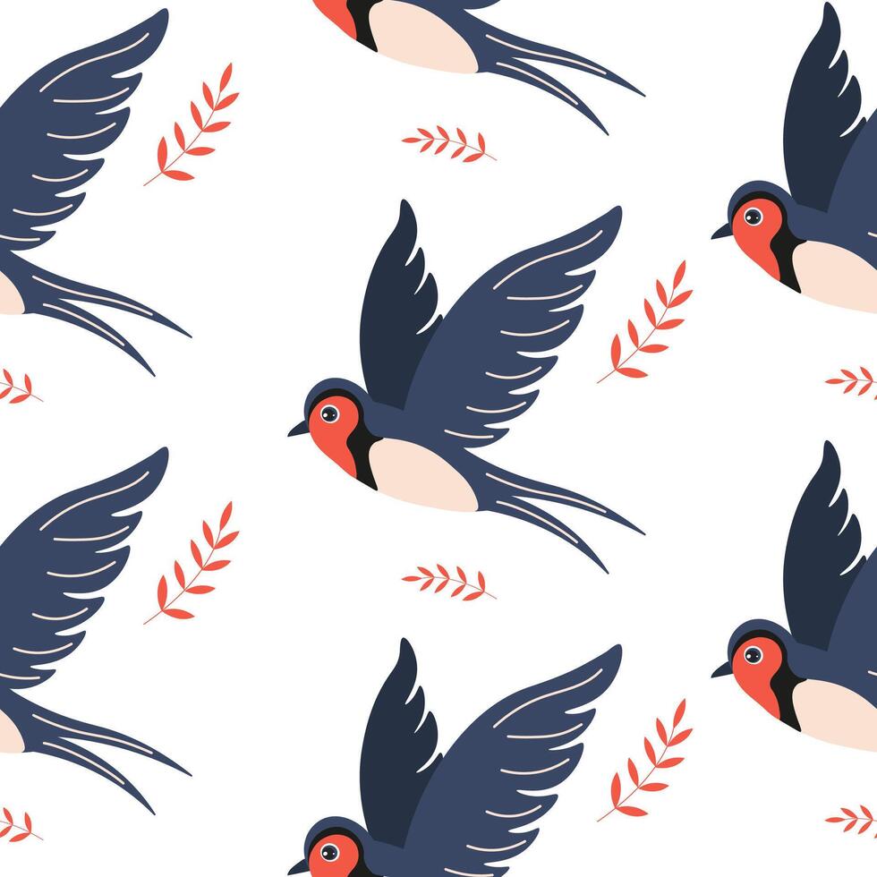Colorful birds flying among floral elements in a playful design on a white background vector
