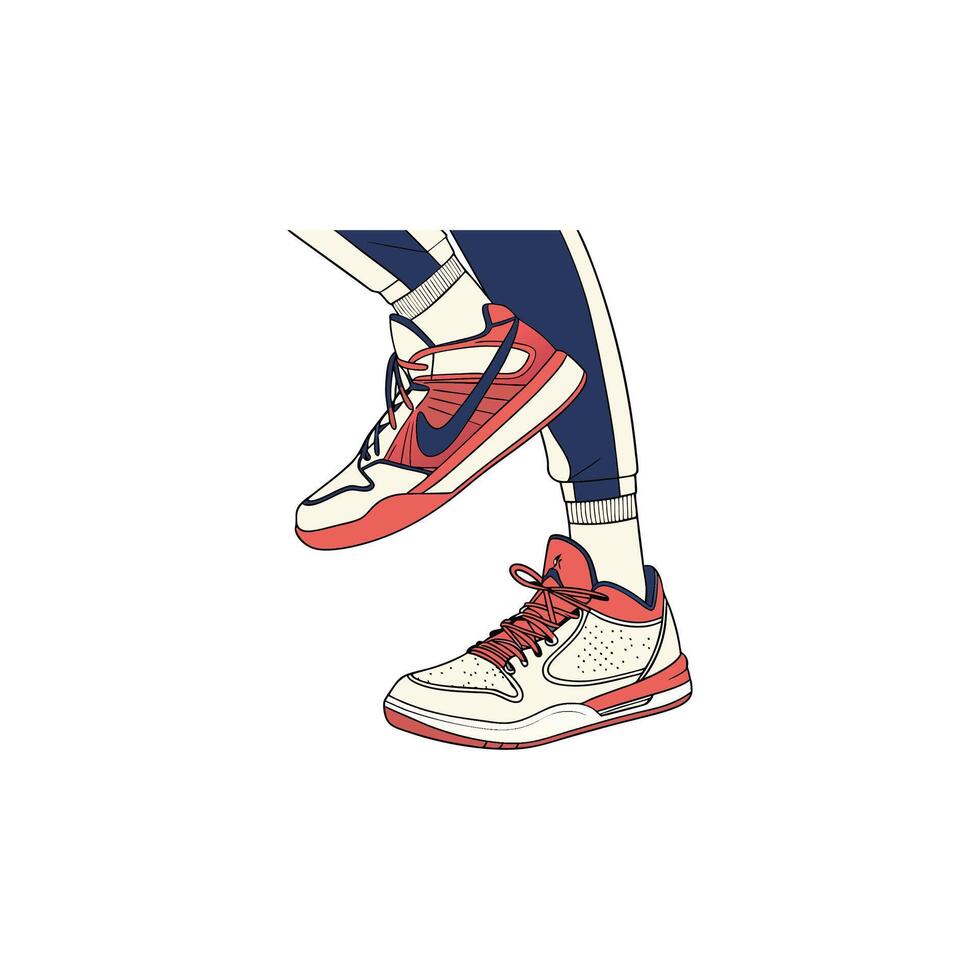 A drawing of a pair of sneakers with red and white stripes vector