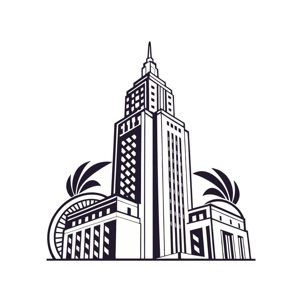 The empire state building is shown in black and white vector