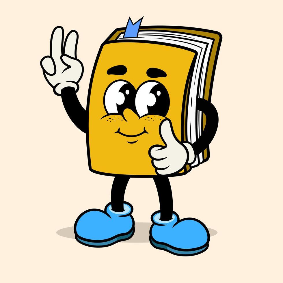 Mascot cartoon Happy Yellow Book character spirit pose in vintage retro style on background vector