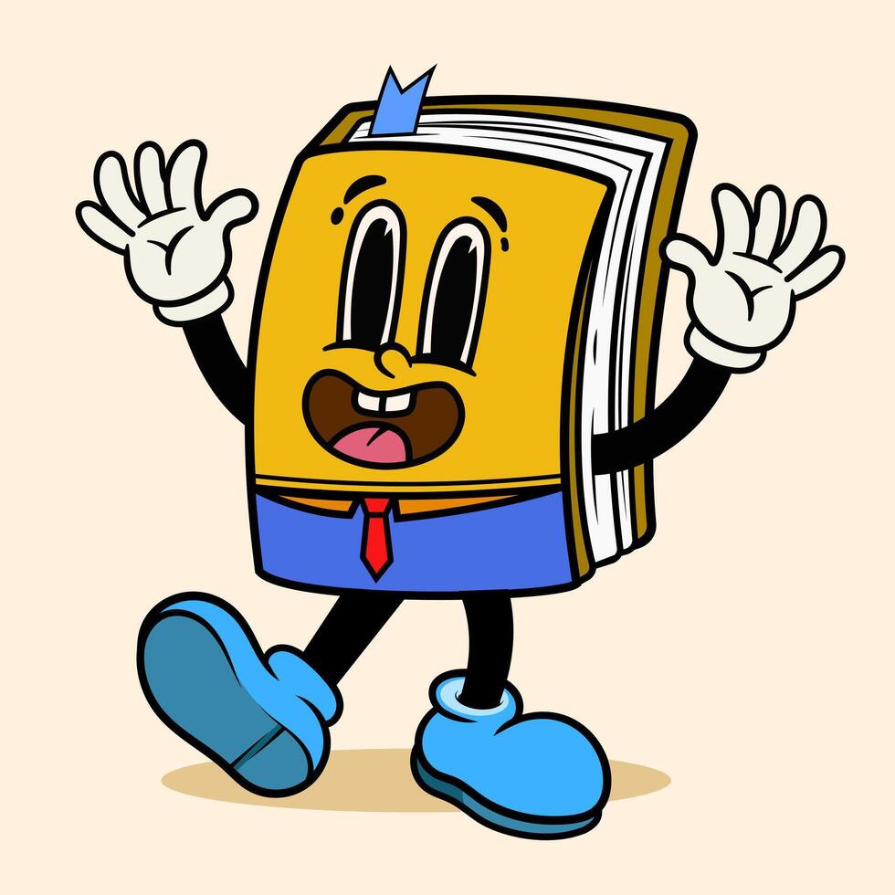 Happy Mascot yellow Book cartoon startled pose character in vintage retro style on background vector