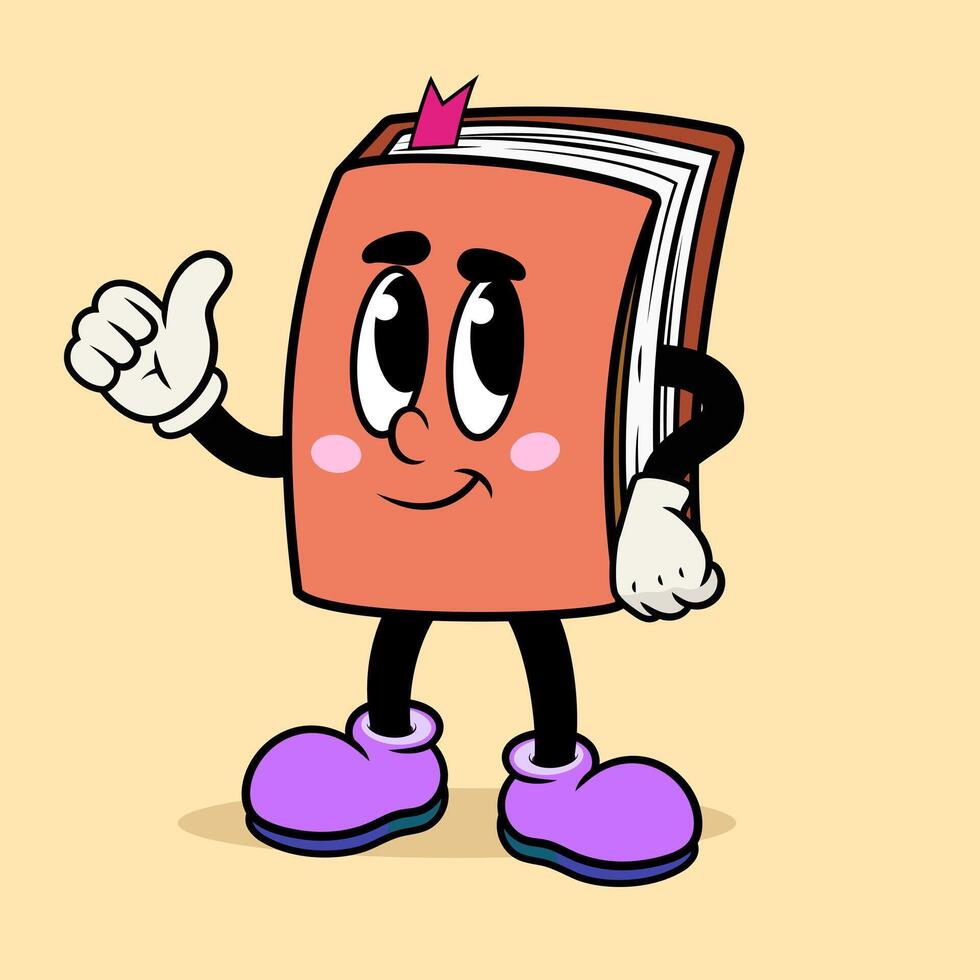Good finger gesture Happy Book Mascot orange cartoon character in vintage retro style on background vector