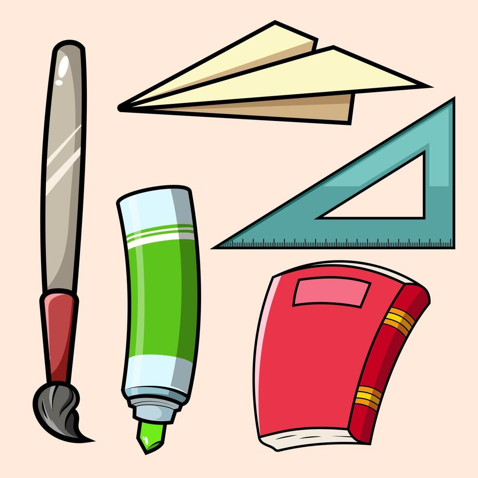 Set of school stationery icon stickers. Back to school concept supplies Illustration for learning, books, backpack, ruler, pencil vector