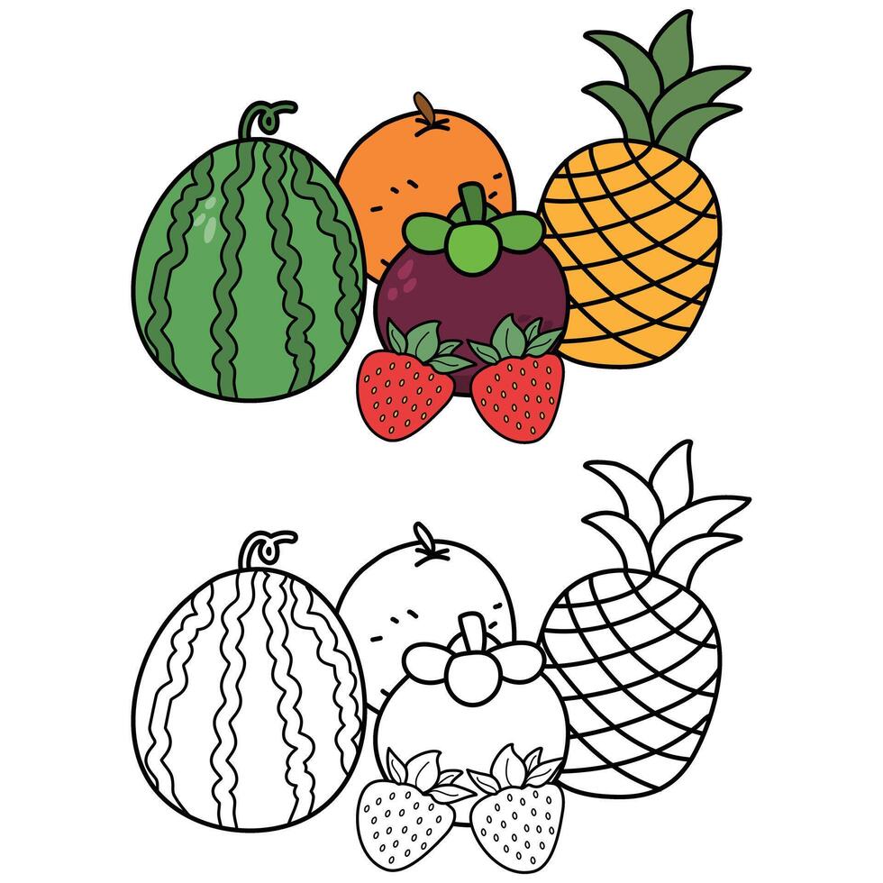 Doodle fruits coloring pages set healthy food vector