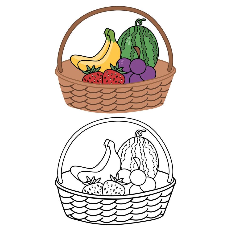 basket with harvest outline coloring book page line art drawing vector