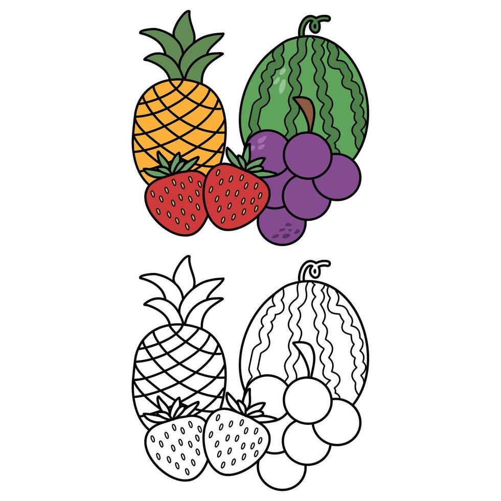 Set of fruits illustration coloring and learning vector