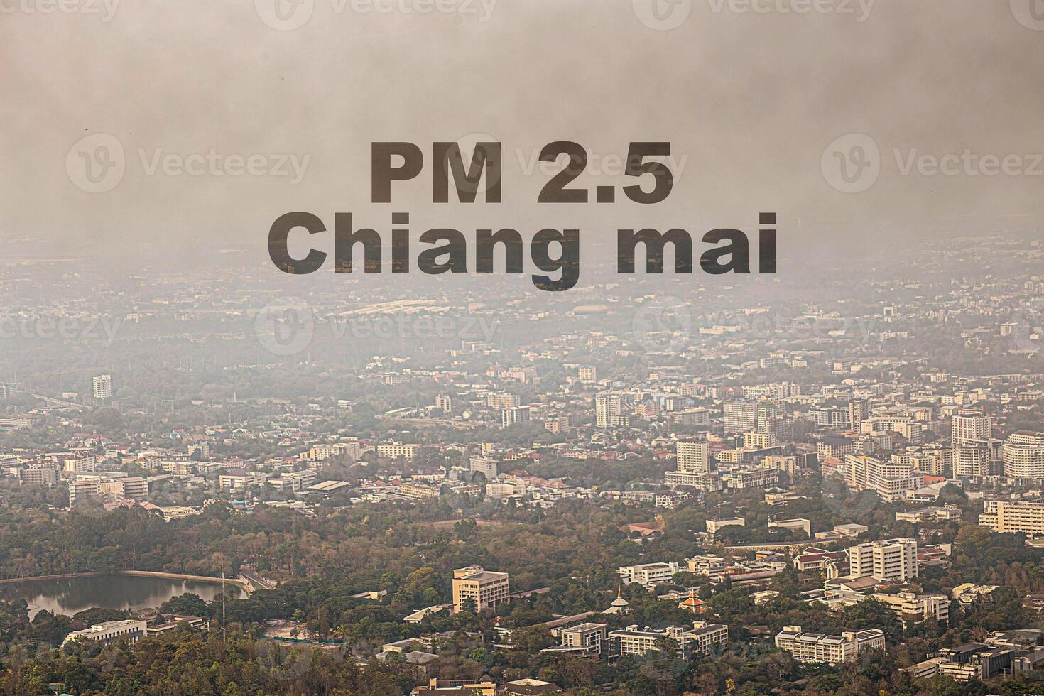 blurry backdrop of Chiang Mai's cityscape filled with burning and smog caused by wildfires during the dry season of Thailand has caused PM 2.5 dust levels to exceed health-related safety standards. photo