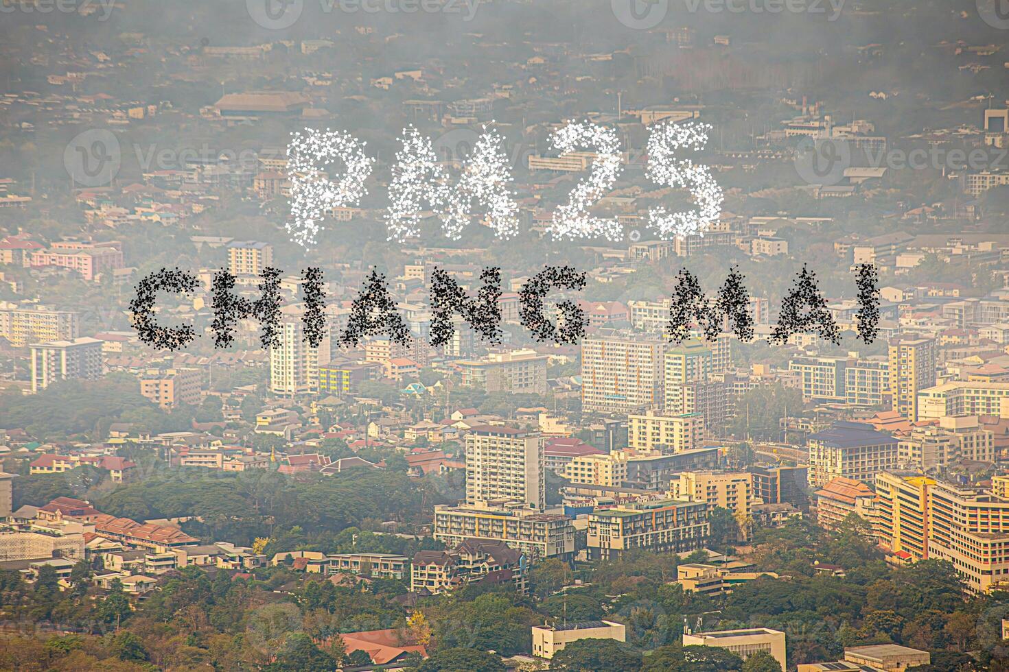 Fog or haze combined with smoke and other atmospheric pollutants in the city from PM 2.5 dust. Cityscape with word of PM 2.5 and air pollution. PM 2.5 concept. photo