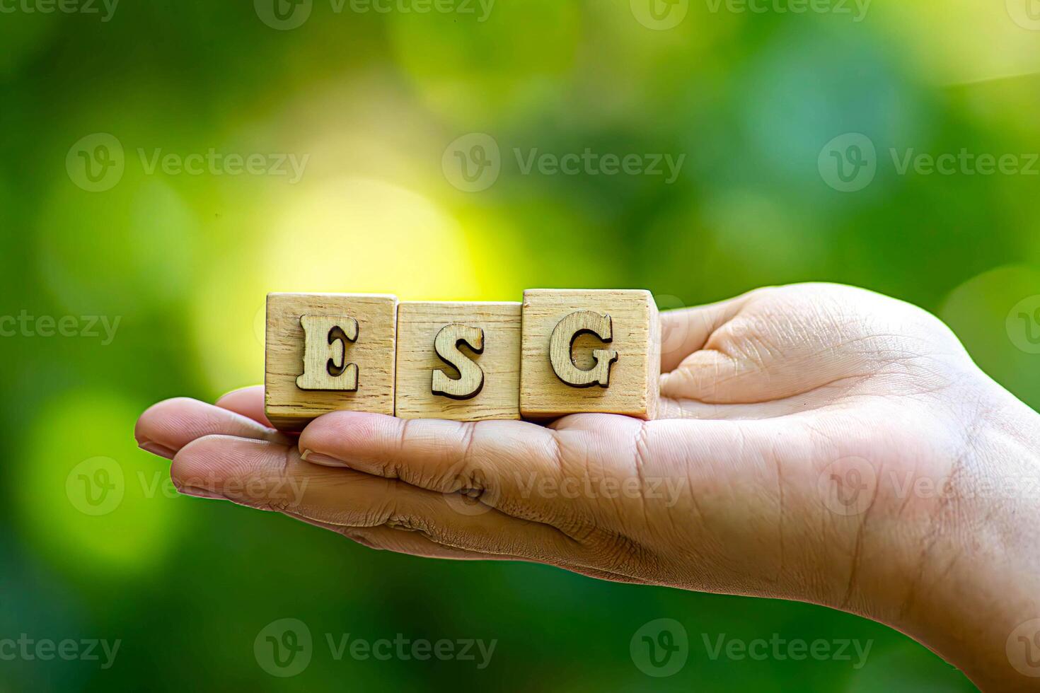 Concept of sustainable corporate development, wood block and future environmental protection and ESG modernization using renewable resource technology to reduce pollution. carbon emissions in the air photo