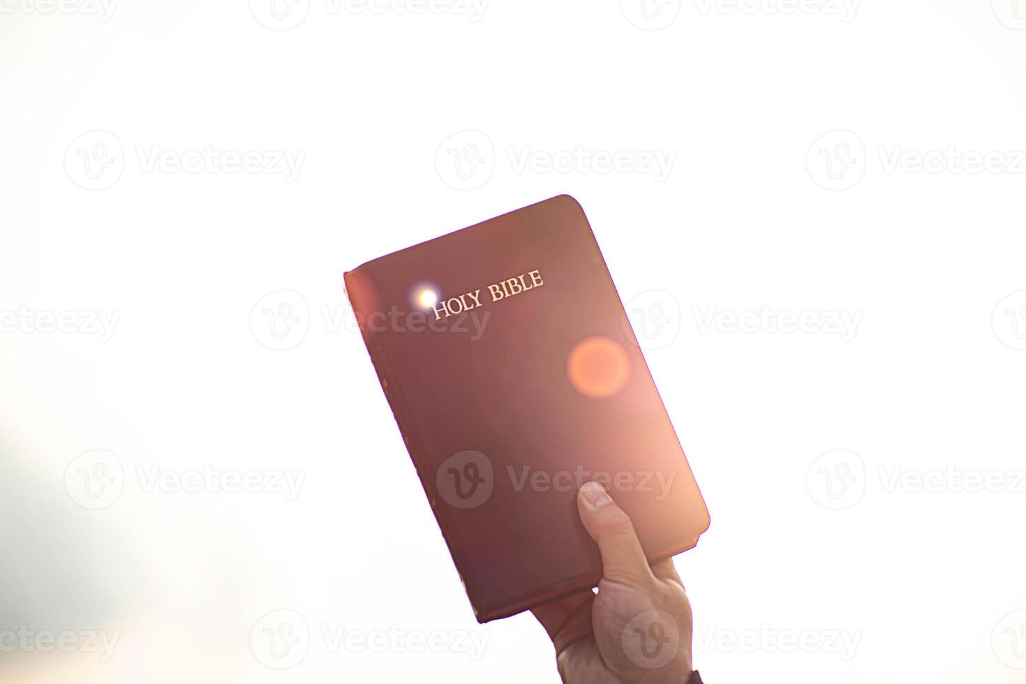 Person holding a Bible in the air photo