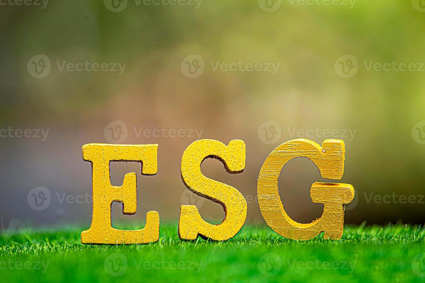 ESG concept of environmental, social, and governance. Sustainable corporation development. words ESG on a wood block on the environmental background.Idea for sustainable organizational photo