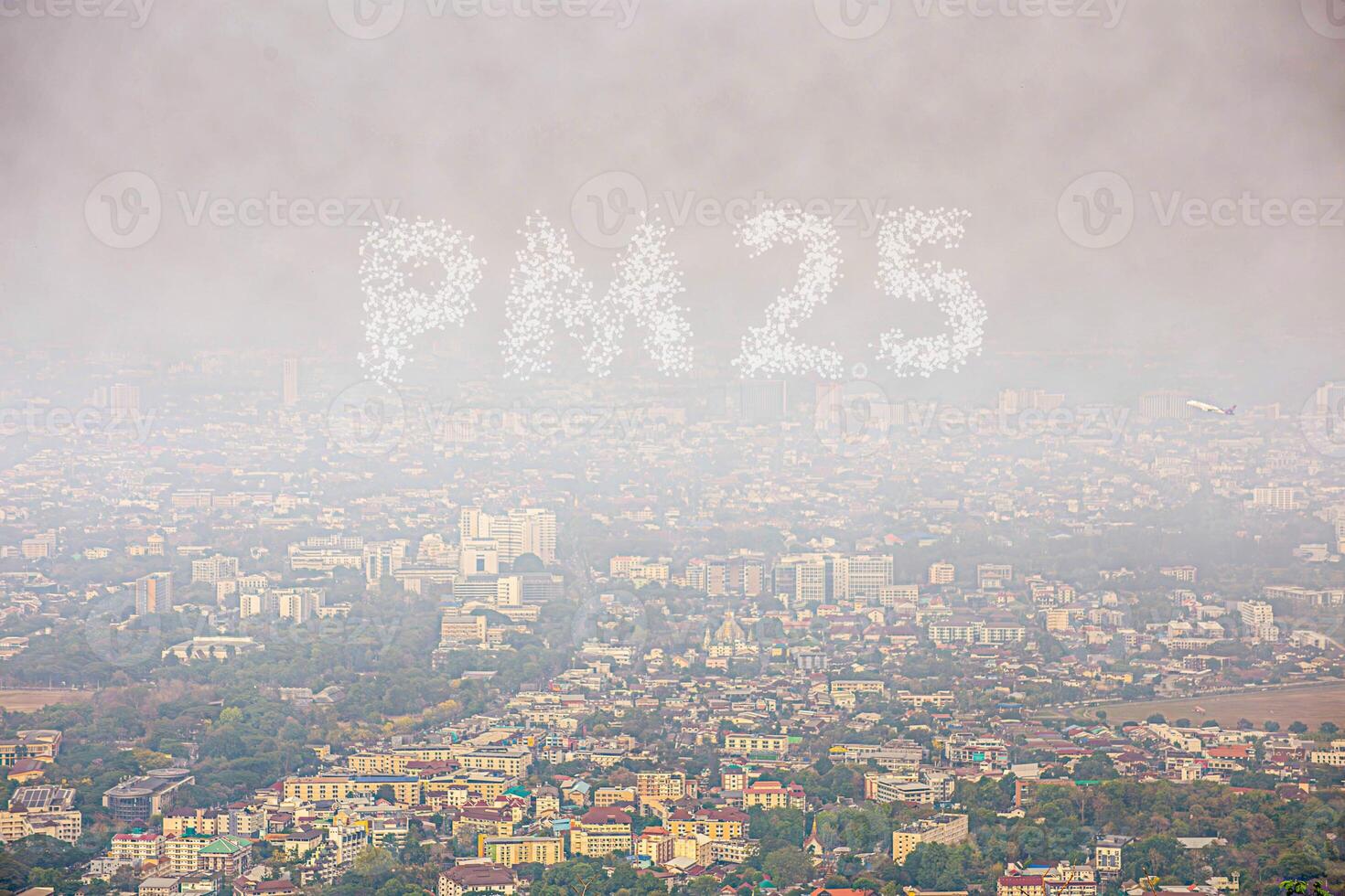 Fog or haze combined with smoke and other atmospheric pollutants in the city from PM 2.5 dust. Cityscape with word of PM 2.5 and air pollution. PM 2.5 concept. photo