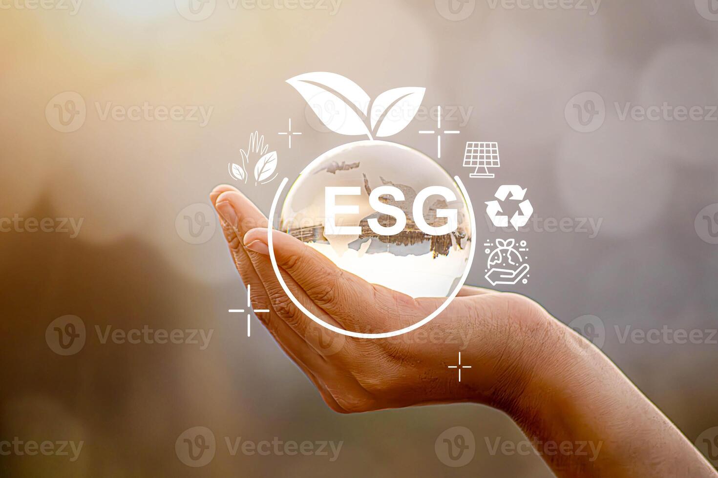 Hand of human holding green earth ESG icon with sunlight on a green background. photo