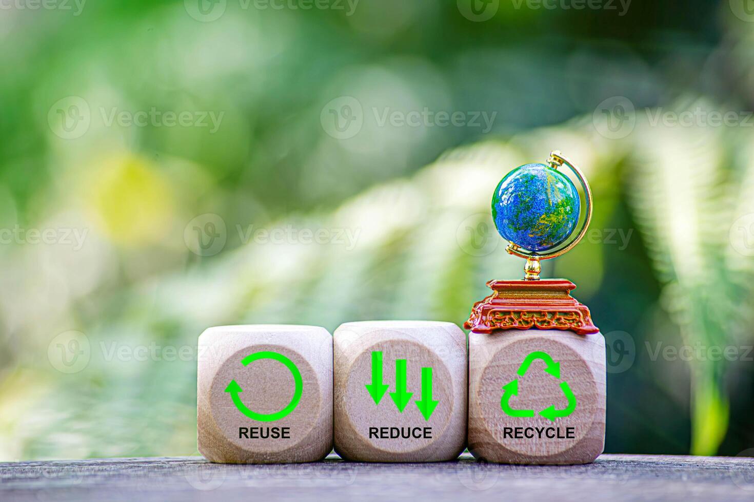 icons recycle reduce reuse on blocks. Ecological and save the earth concept photo