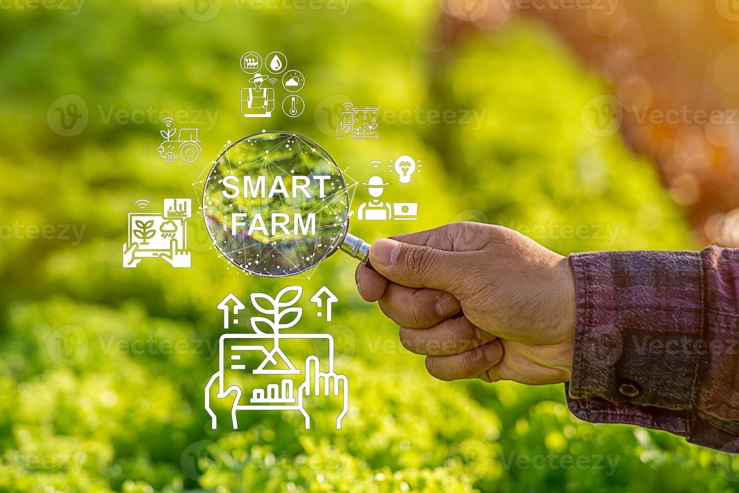 smart farming concept with hand holding magnifying glass photo