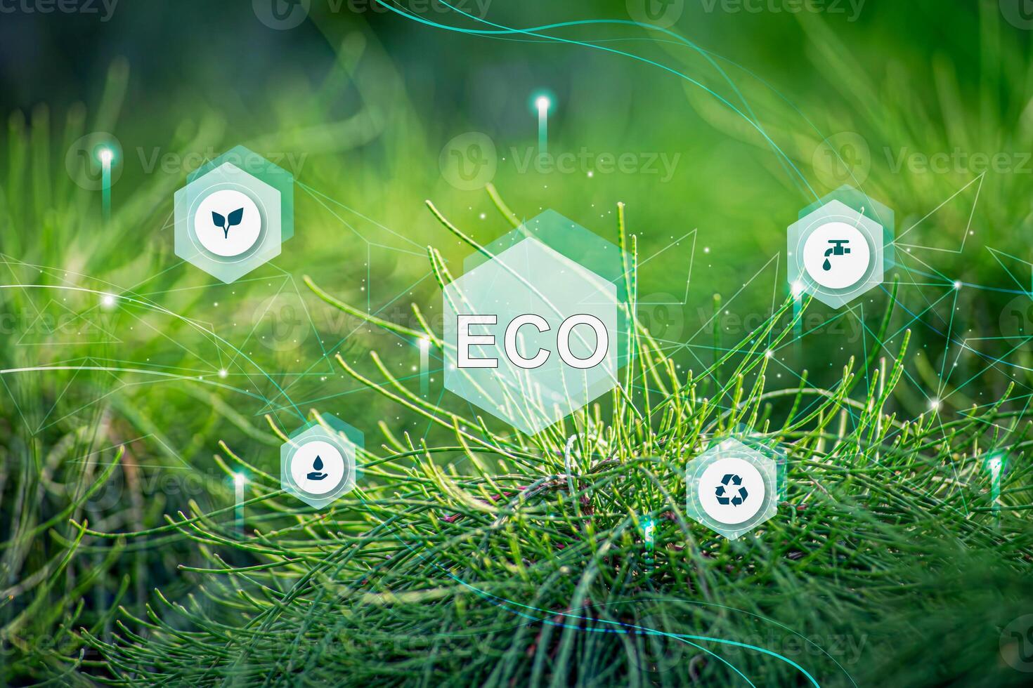 Word ECO on blurred green background. Bokeh effect photo