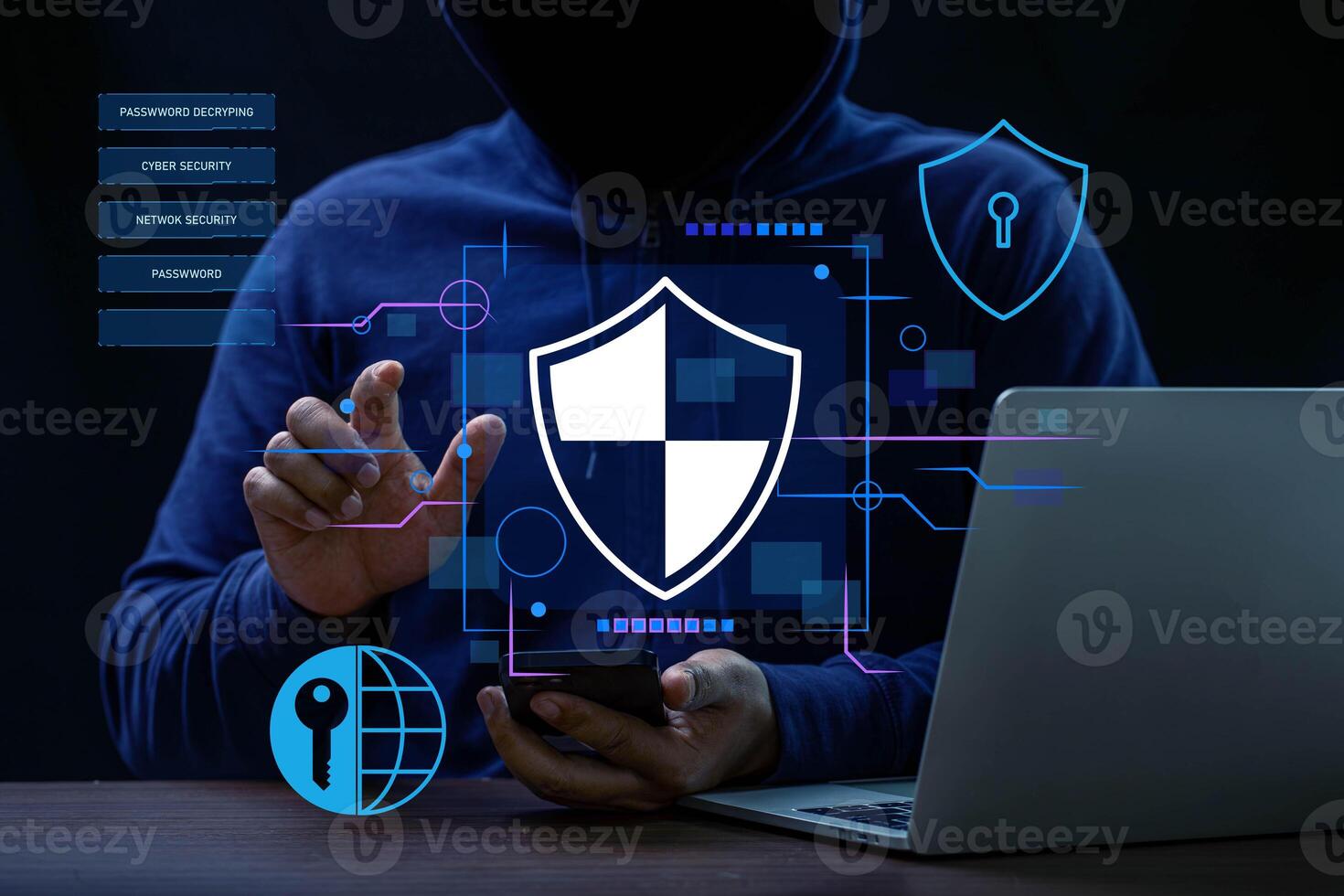 Hacker and Internet technology Crime with digital abstract hologram data background. photo
