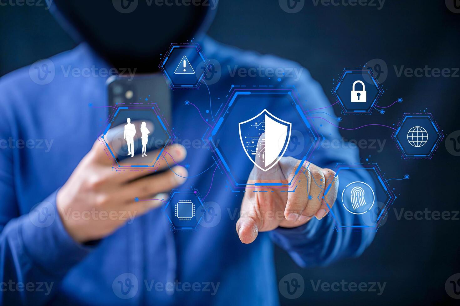 Hacker and Internet technology Crime with digital abstract hologram data background. photo