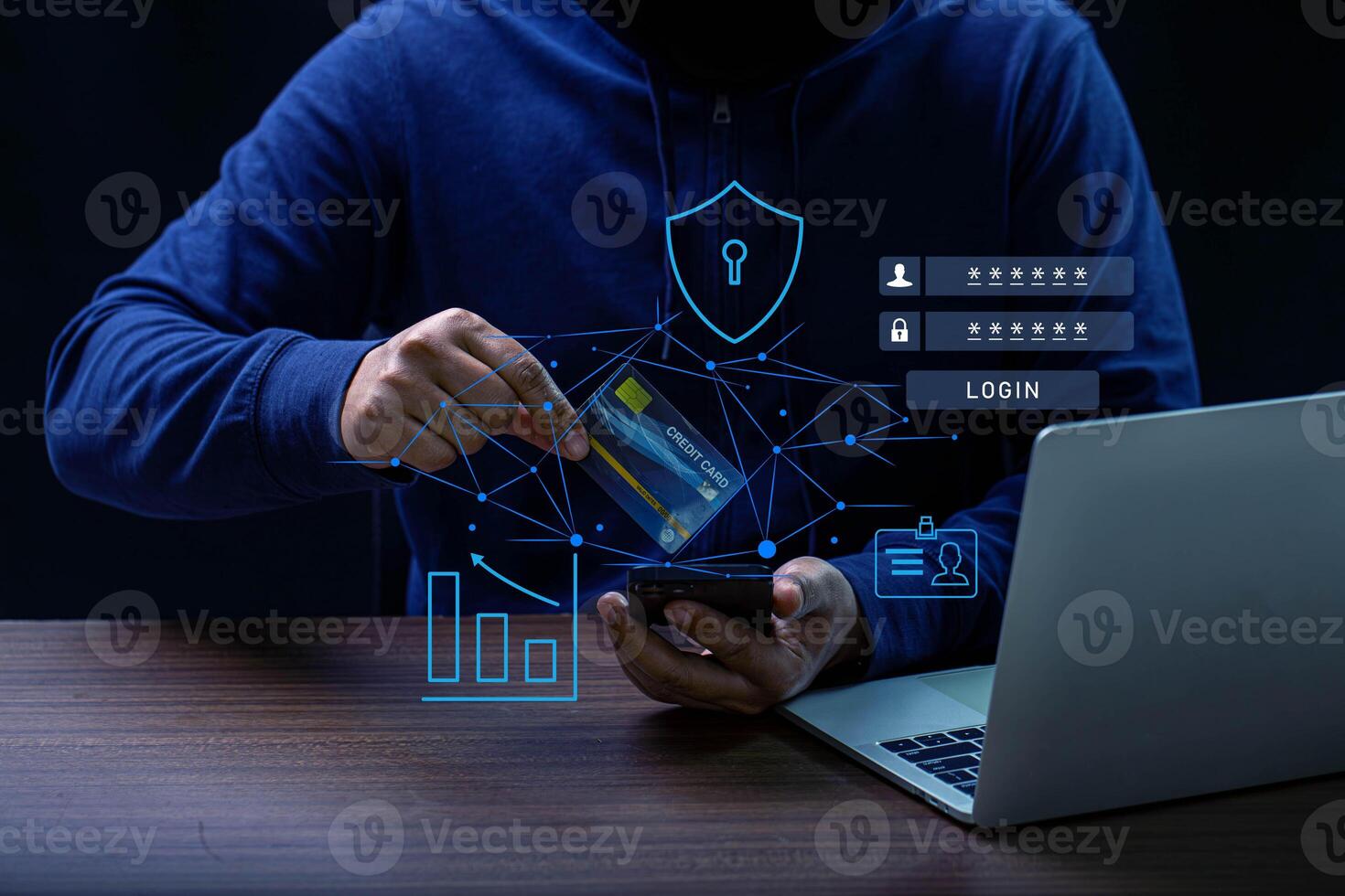 Hacker and Internet technology Crime with digital abstract hologram data background. photo