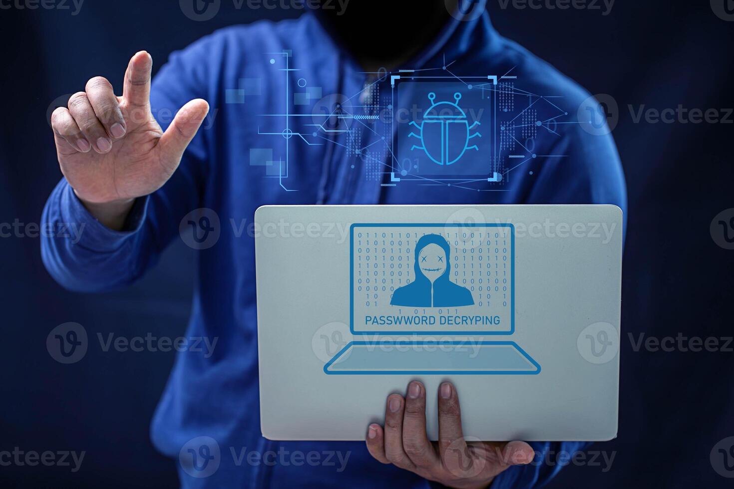 Hacker and Internet technology Crime with digital abstract hologram data background. photo