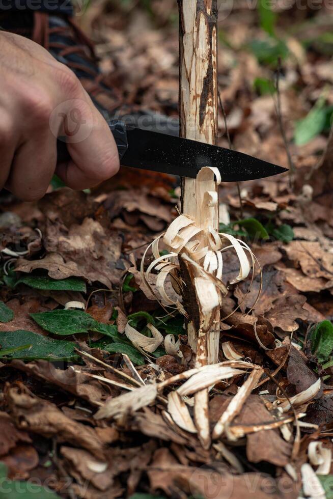 Survival Technique Preparing Tinder with Knife photo