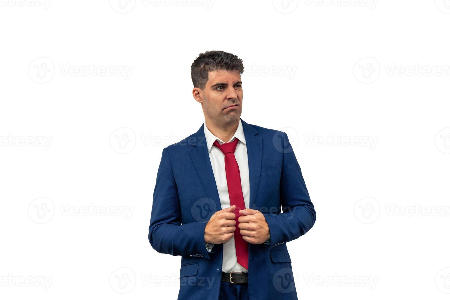 Perplexed Businessman Looking Sideways and Holding Suit white background photo
