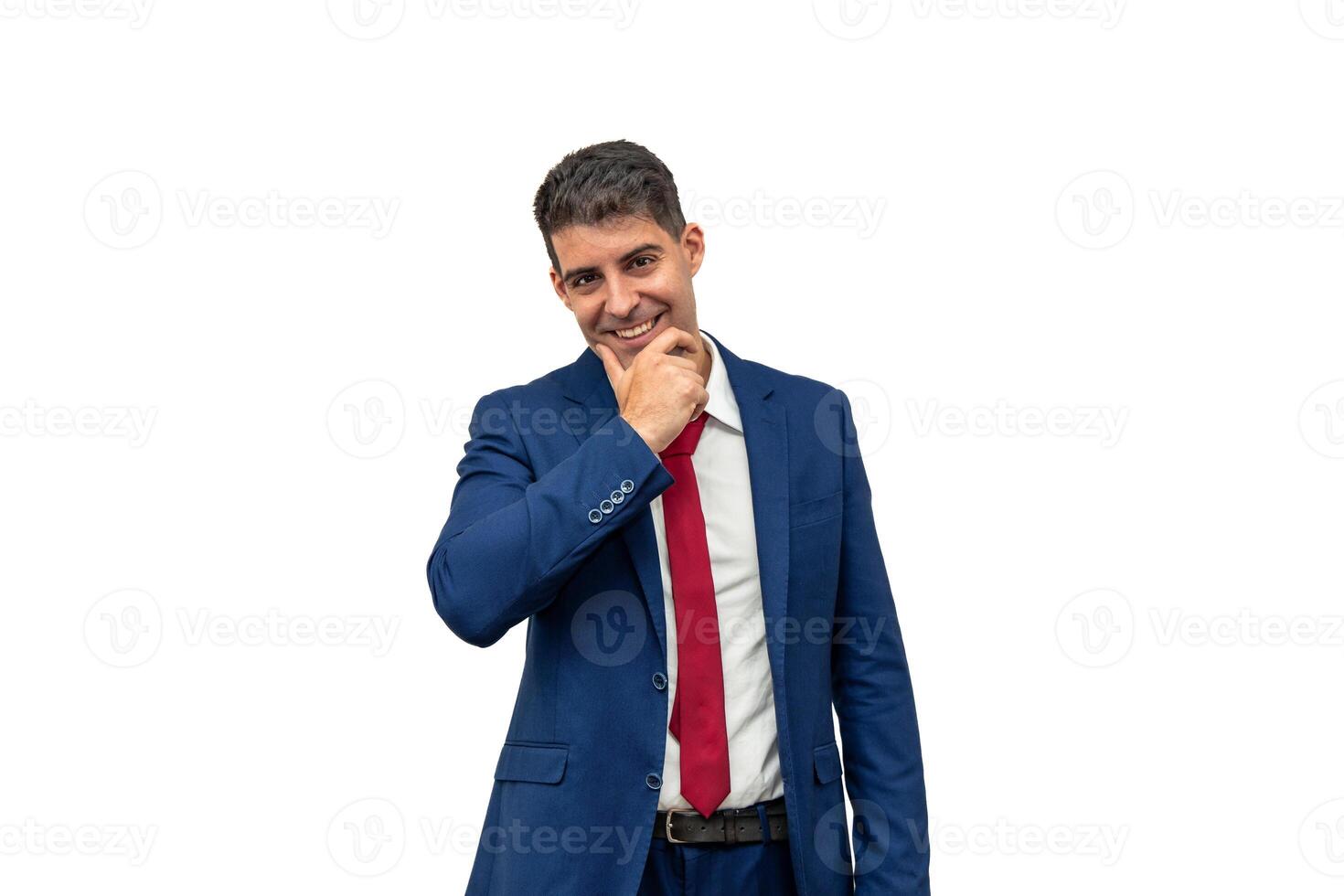 Seductively Posed Businessman in Blue Suit and Red Tie white background photo