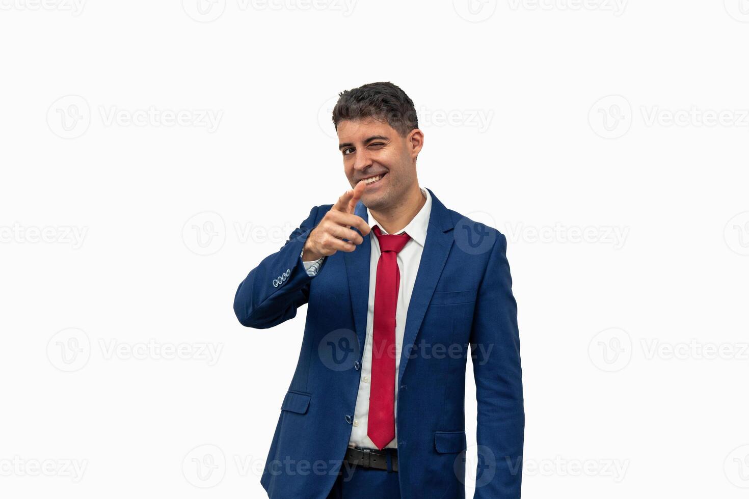 Triumphant Businessman Pointing Seductively at Camera white background photo
