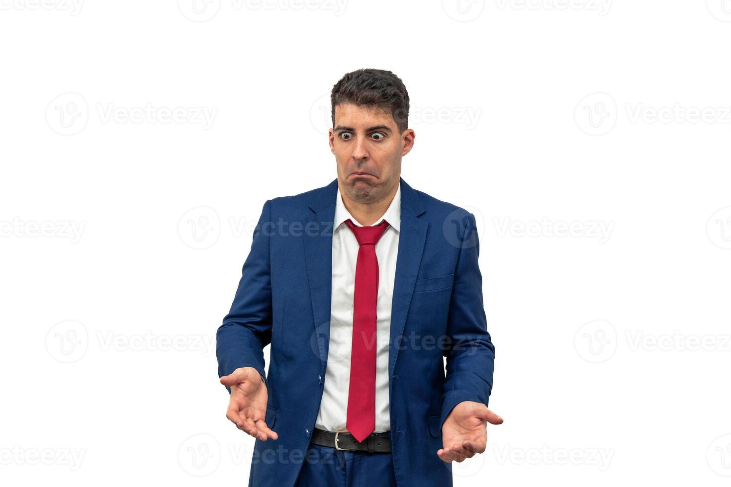 Perplexed Businessman with Upturned Palms and Confused Expression white background photo