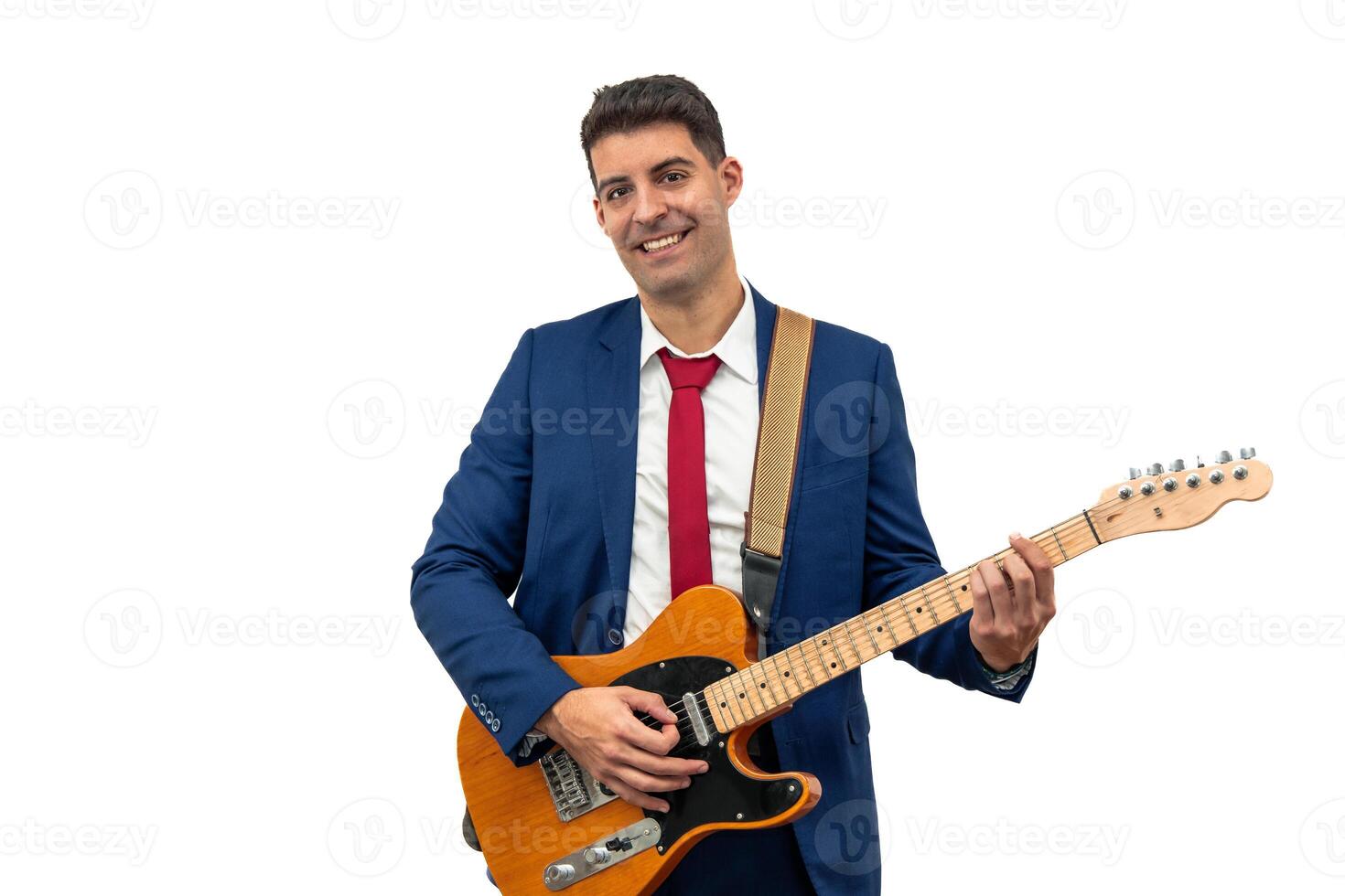Smiling Businessman Playing Electric Guitar white background photo