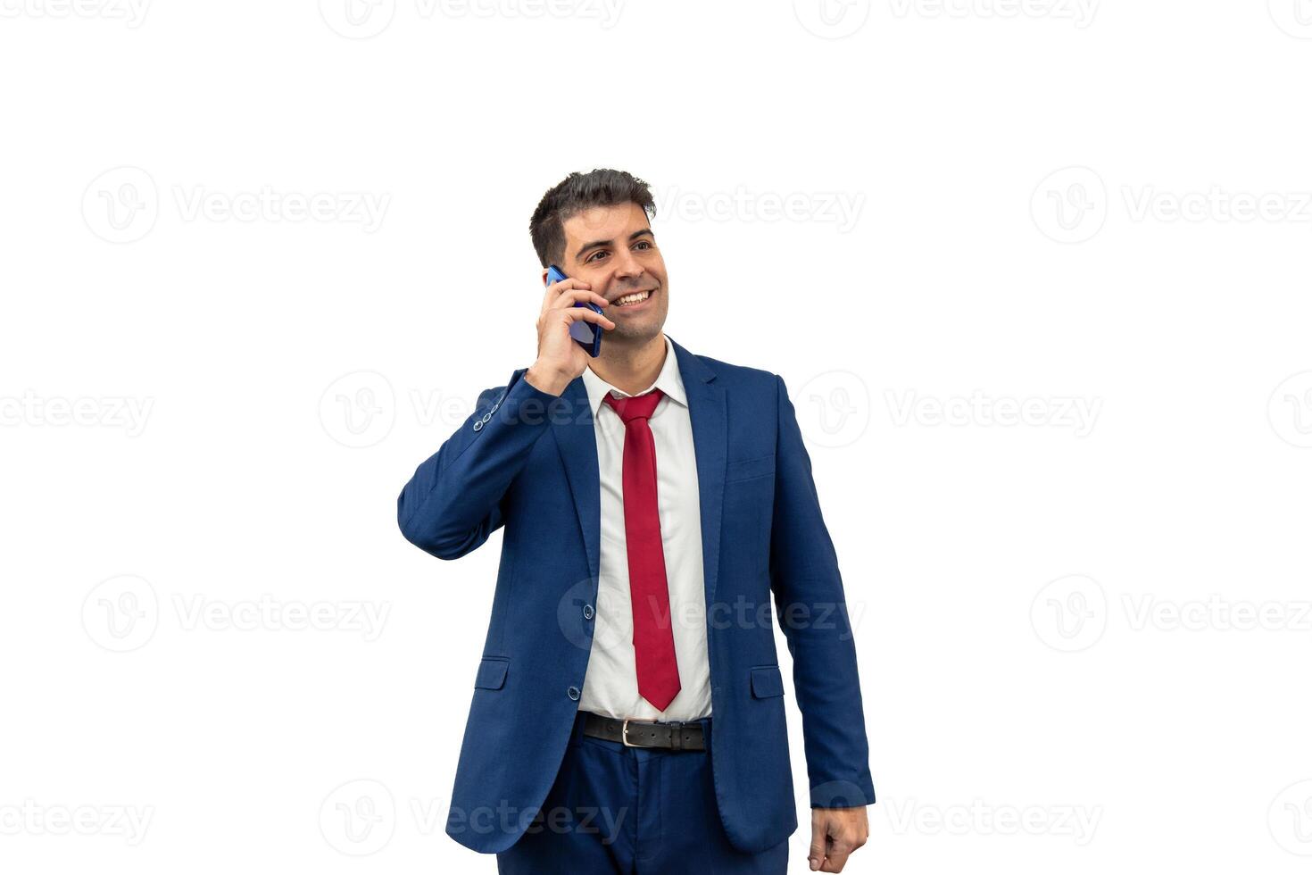 Businessman in Suit Making a Phone Call with Smartphone white background photo