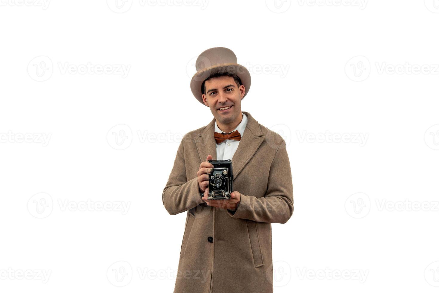 Vintage Photographer Capturing Classic Portrait white background photo
