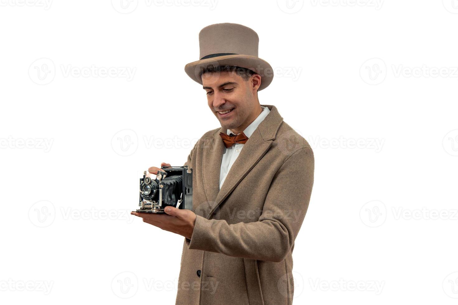 Smiling Vintage Photographer with Antique Camera white background photo