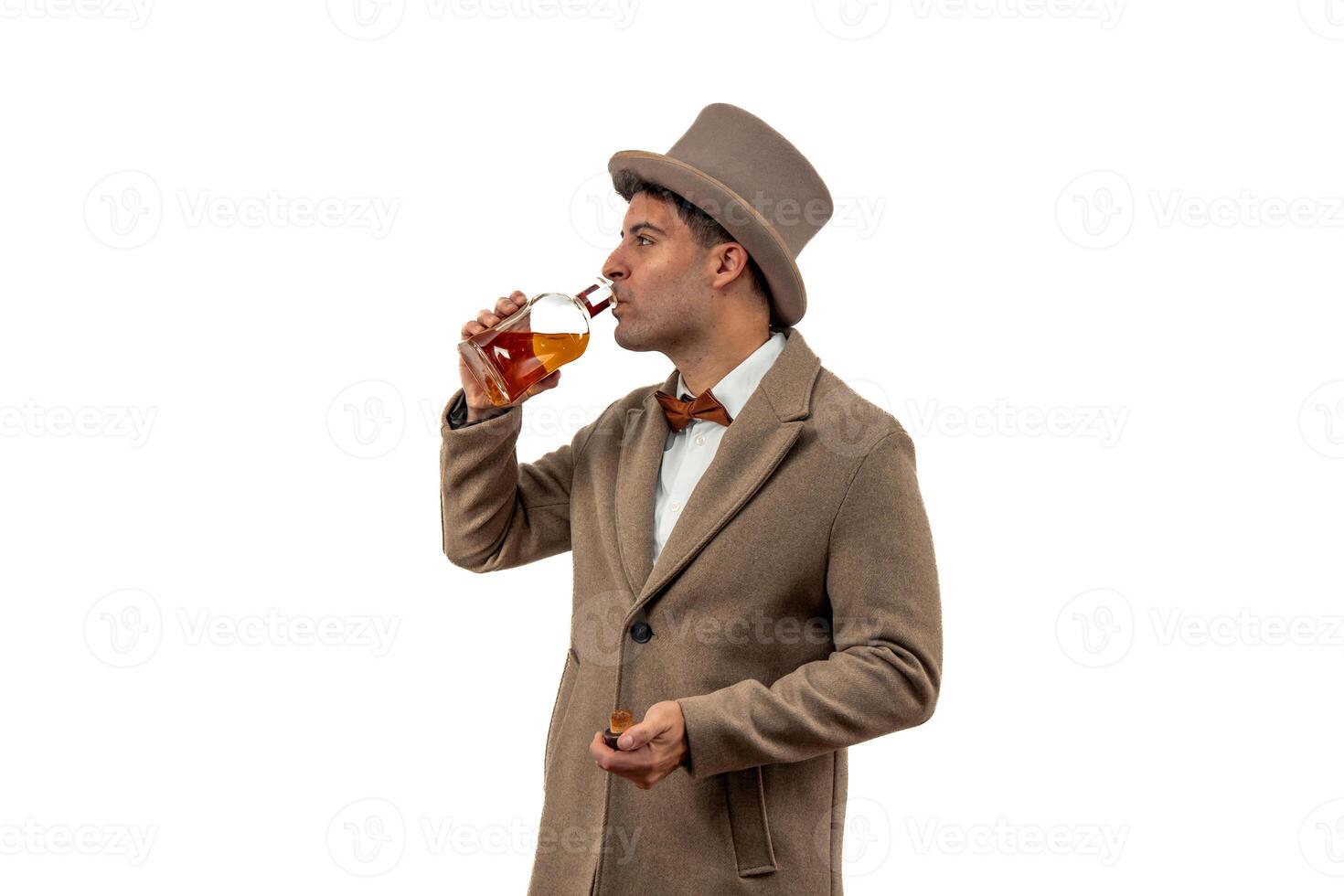 Sophisticated Vintage Gentleman Enjoying Aged Liquor white background photo