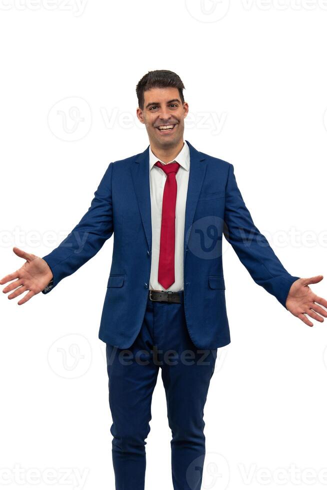 vertical Joyful Businessman with Open Arms, Delighted to Give a Friendly Hug white background photo