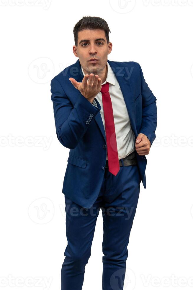 vertical Suited Businessman Blowing Kiss with Blue Suit and Red Tie white background photo