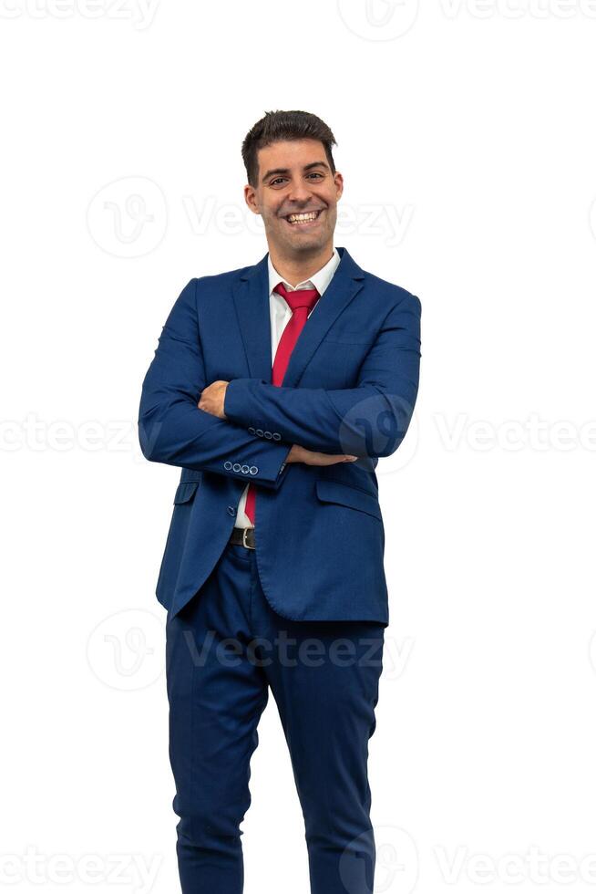 vertical Radiant Businessman with Arms Crossed and Joyful Expression white background photo