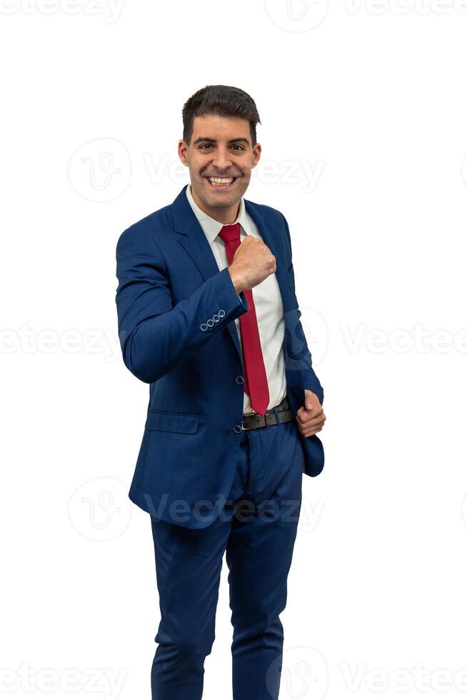 vertical Triumphant Businessman Clenching Fist with Victory Expression white background photo