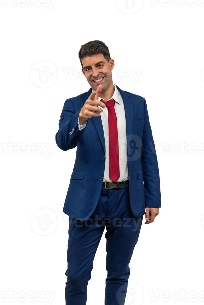 vertical Triumphant Businessman Pointing Seductively at Camera white background photo