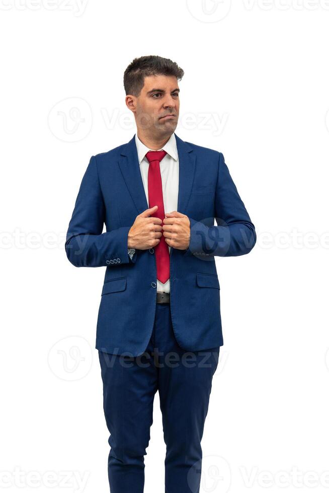 vertical Perplexed Businessman Looking Sideways and Holding Suit white background photo