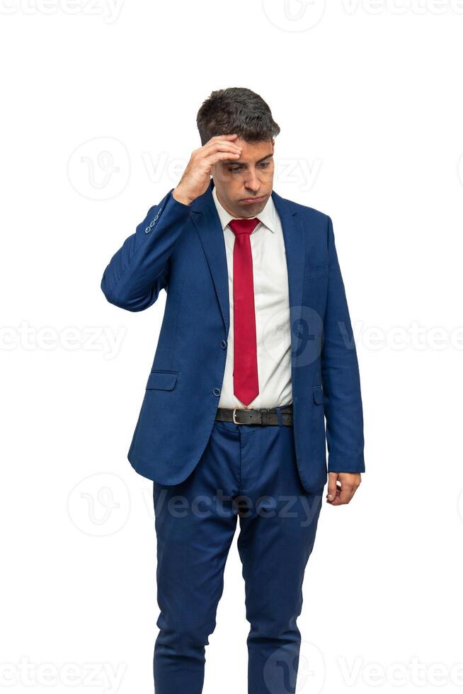 vertical Remorseful Businessman with Hand on Temple Expressing Guilt white background photo