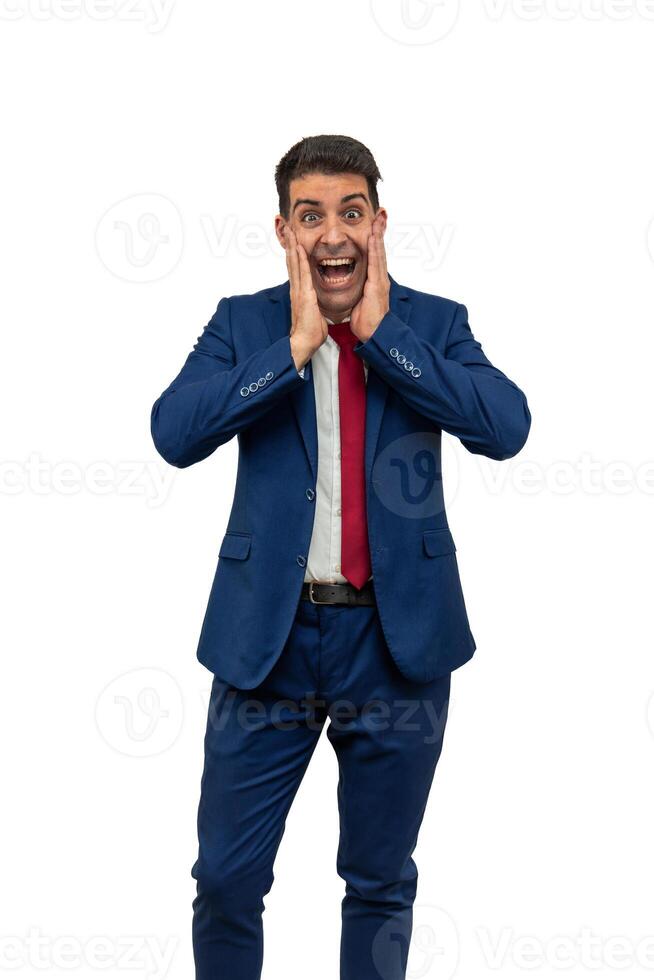 vertical Joyful and Surprised Businessman in Blue Suit and Tie white background photo